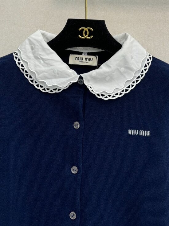 Miu Miu Lace Collar Knit Cardigan - Navy - Size L - Picture 4 of 6